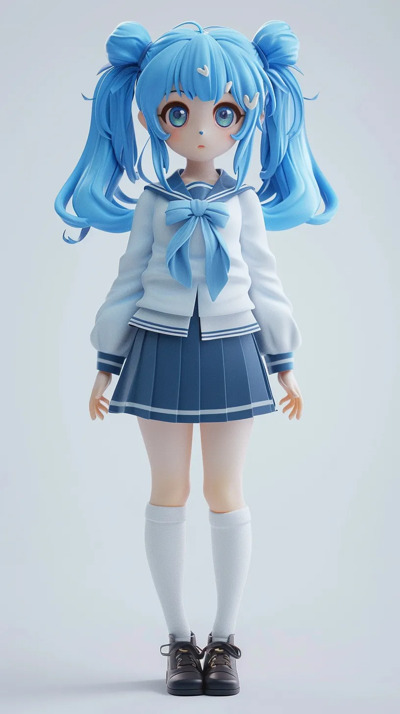 Anime-style, 3D cute figure of a little girl with blue hair, dressed in a school uniform, depicted in full body.