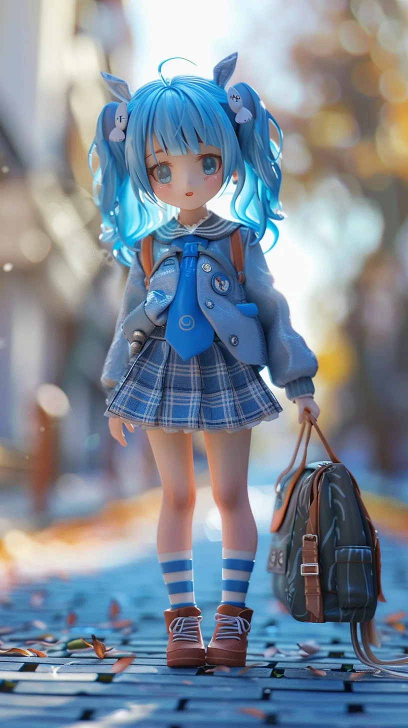 Anime style, 3D cute figure, blue hair, school uniform, little girl, full-body design.