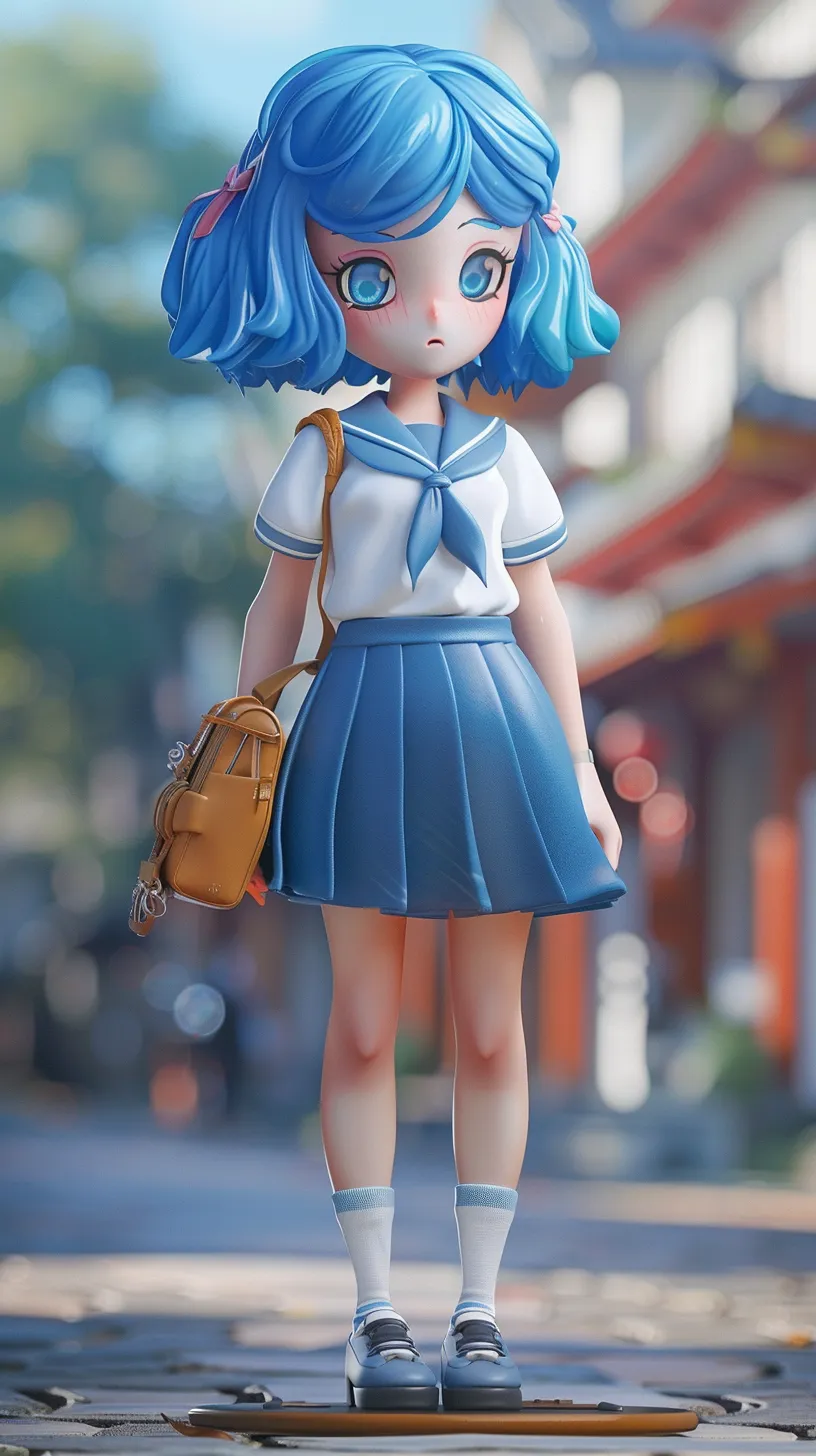 Anime-style, 3D cute figure of a little girl with blue hair, dressed in a school uniform, shown in full body.