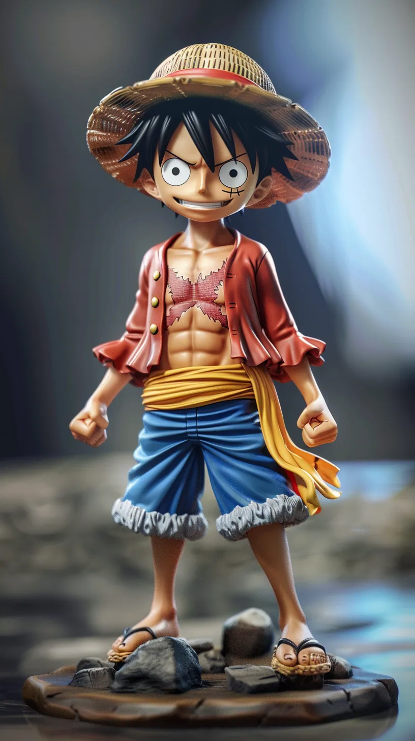 The Monkey D. Luffy figure is presented against a gray backdrop, highlighting its playful expressions, intricate details, volumetric lighting, and a charming sense of cartoonish innocence.