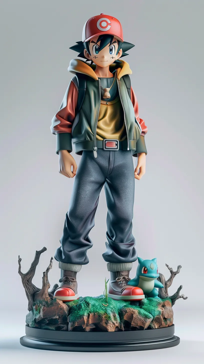 A 3D statue of Ash from the Pokémon anime, crafted in celadon style, featuring a full-body representation on a pedestal. The statue is presented against a white background with studio lighting, highlighting its ultra-realistic photorealism.