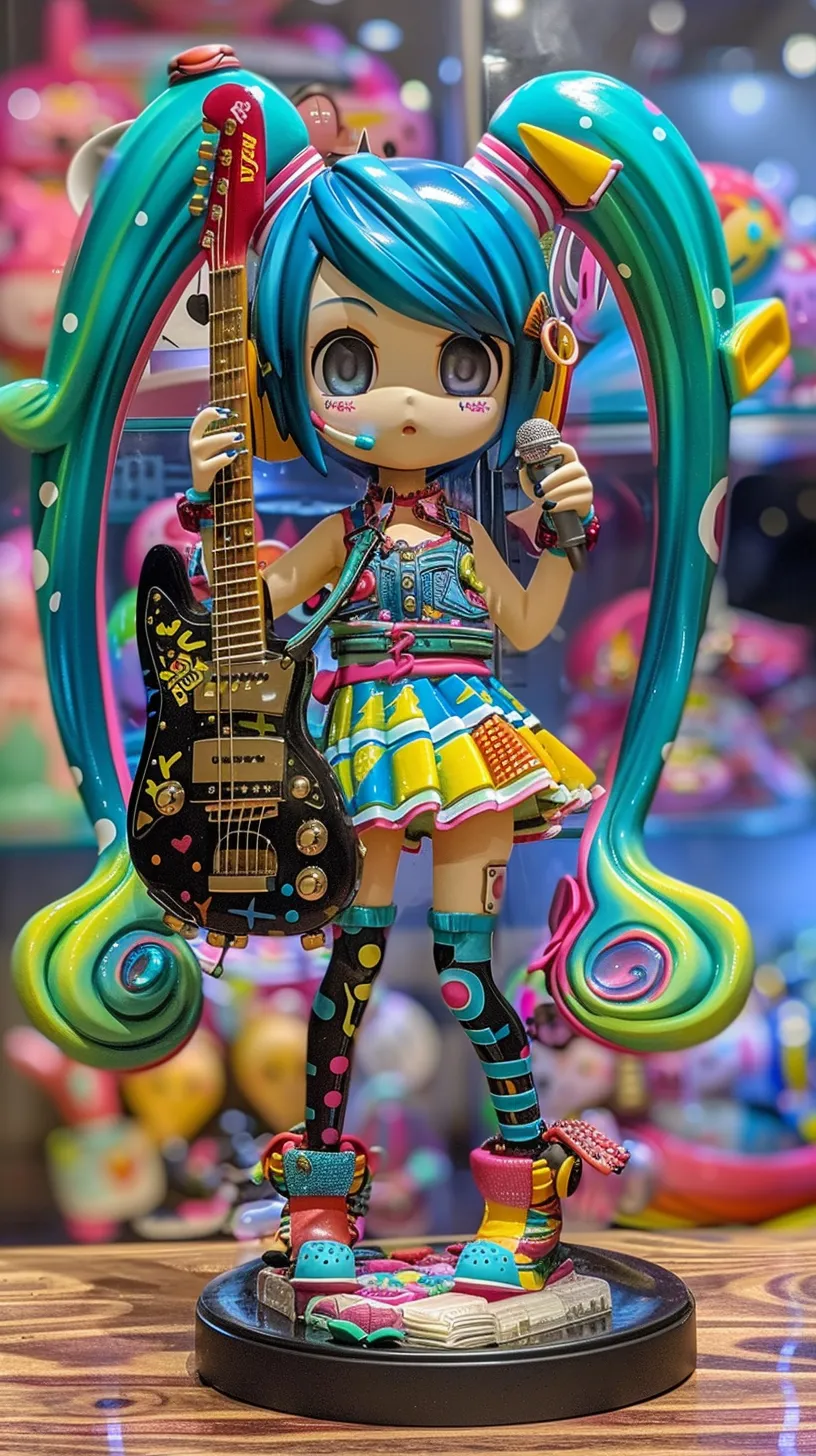 Anime figurines featuring Hatsune Miku, including the Punk Rock Miku PVC figure by Victor Moscoso, Ron English, and Tony DiTerlizzi.