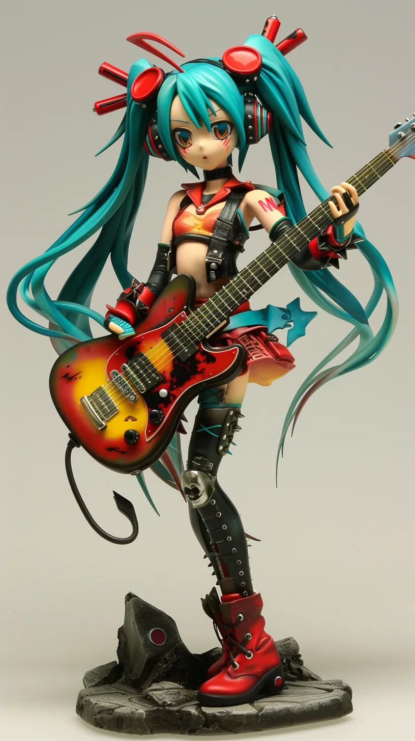 Anime figurines featuring Hatsune Miku, including the Punk Rock Miku PVC figure designed by Victor Moscoso, Ron English, and Tony DiTerlizzi.