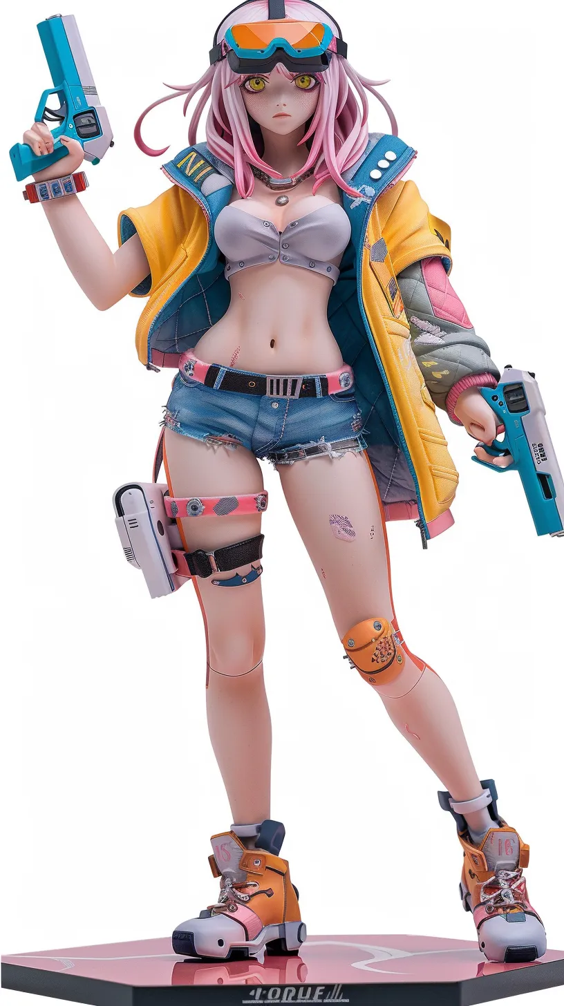 Anime figurine of a charming Japanese cartoon character, holding a short gun and immersed in a shooting game while wearing VR glasses. The full-length photo, taken in front of a full-length mirror, showcases vibrant colors.