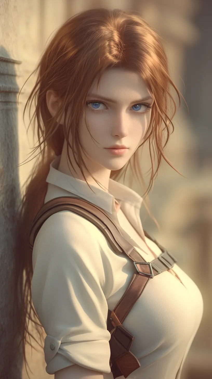 A single anime character, rendered in a realistic style and captured in a dynamic pose, beautifully and adorably portrayed by Emma Watson as Annie Leonhart, the Female Titan. With long red hair and blue eyes, she stands against a backdrop of an ancient stone wall. The image showcases cartoon shading, a masterpiece with depth of field, stunningly detailed eyes, a full face, and cinematic lighting, embodying the key visuals and aesthetics of 