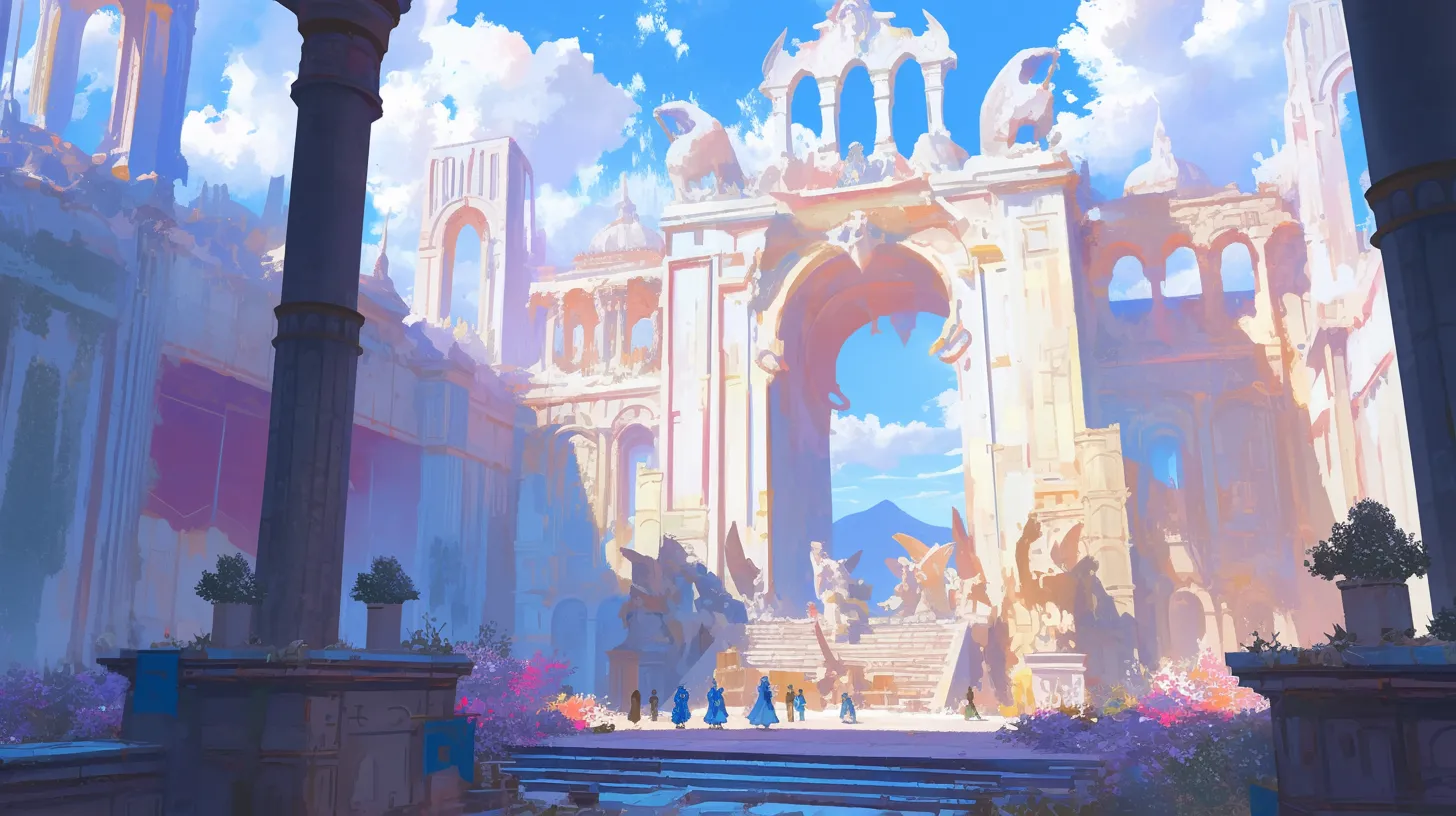 Massive white city walls, distant colossal soldier statues, forests, swirling dust storms, European-style fortifications, Byzantine architecture, game scene concept design, game environment concept, epic giant phobias, long shots, anime style.