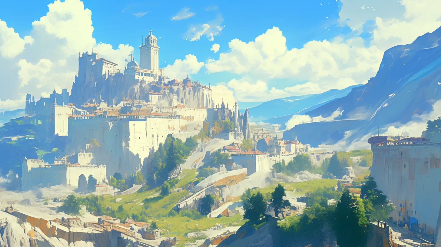 Vast white city walls, towering statues of soldiers on the horizon, lush forests and mountains, swirling dust storms, European-style fortifications, Byzantine architecture, concept design for game scenes, epic gaming environments, colossal phobias, long takes, and anime aesthetics.