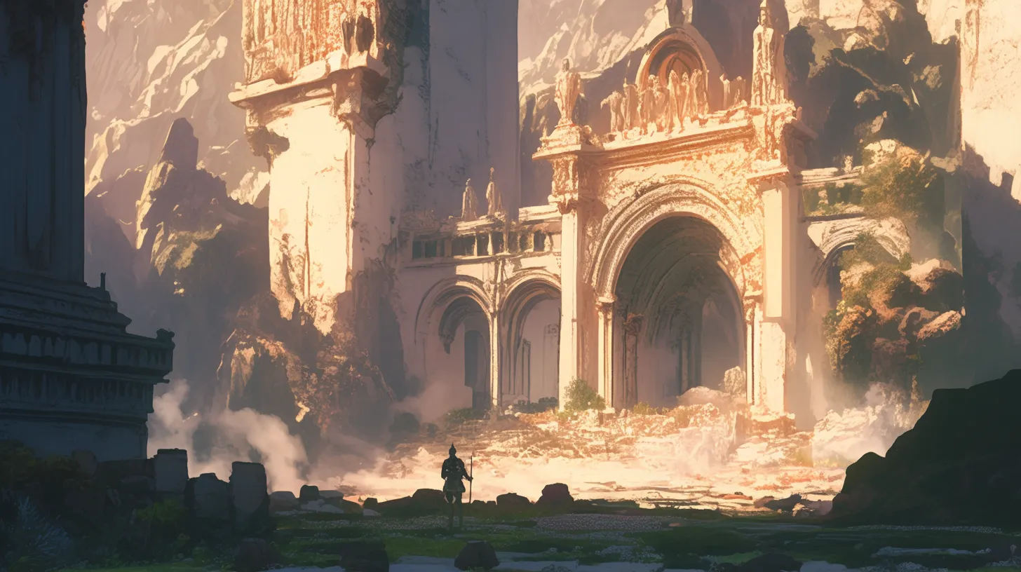 Massive white city walls, towering soldier statues on the horizon, forests and mountains engulfed in sandstorms, European-style fortifications, Byzantine architecture, game scene concept design, epic game environments, colossal phobias, long takes, and anime-inspired aesthetics.