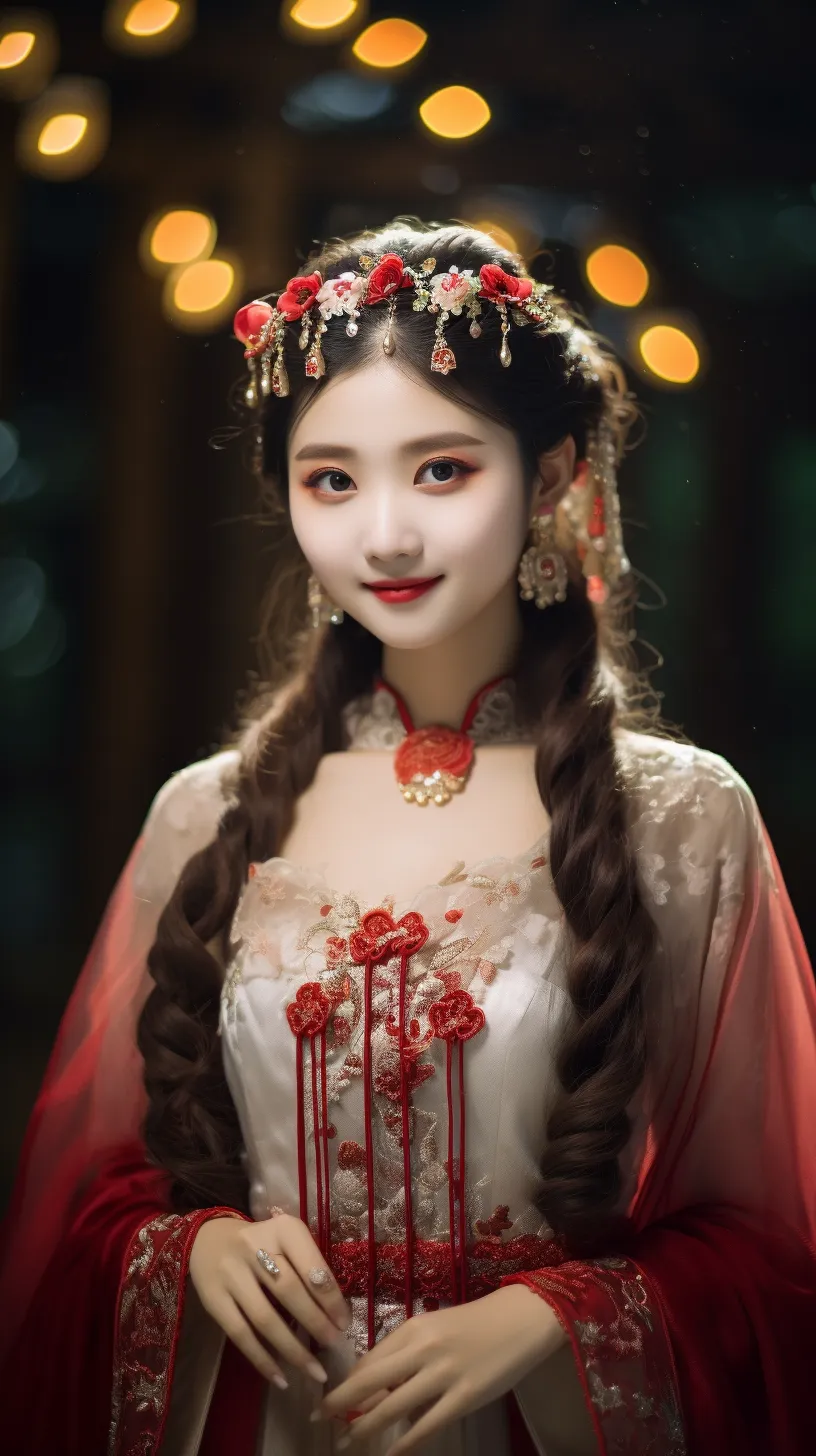 A stunning 18-year-old Chinese girl, a princess adorned with a phoenix crown and flowing robes, embodies the beauty of the Tang Dynasty. With a delicate blush, red lips, and exquisite earrings, she smiles gracefully at the camera. Dressed in a vibrant red Hanfu, she poses for a full-body shot that highlights her elegance and the highest quality of craftsmanship.