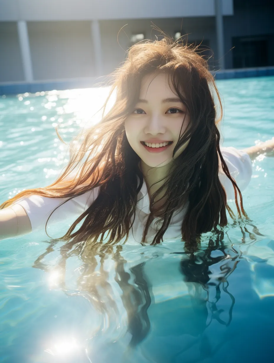 A breathtaking photograph of an 18-year-old Chinese girl captured in a pool under the afternoon sun. With long hair and a radiant smile, she wears a white outfit that enhances her beauty, reflecting traditional Chinese aesthetics. The composition focuses on her upper body as she gazes at the camera, making it ideal for ultra-high-definition wallpaper with exceptional visual quality.