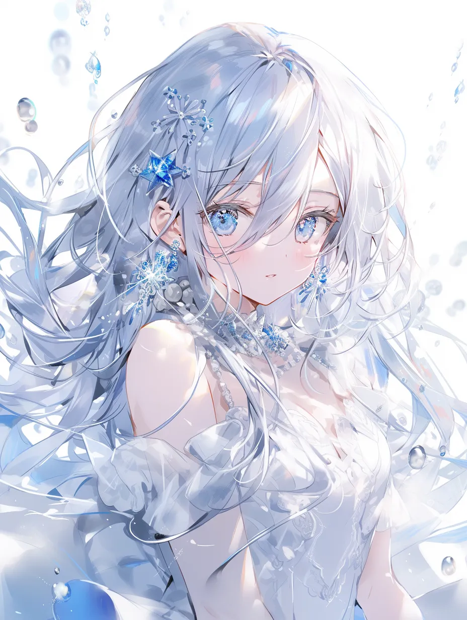 Anime beauty with long, radiant hair; character illustration in blue and white, featuring shiny and glossy elements, exuding elegance with a cartoonish style.