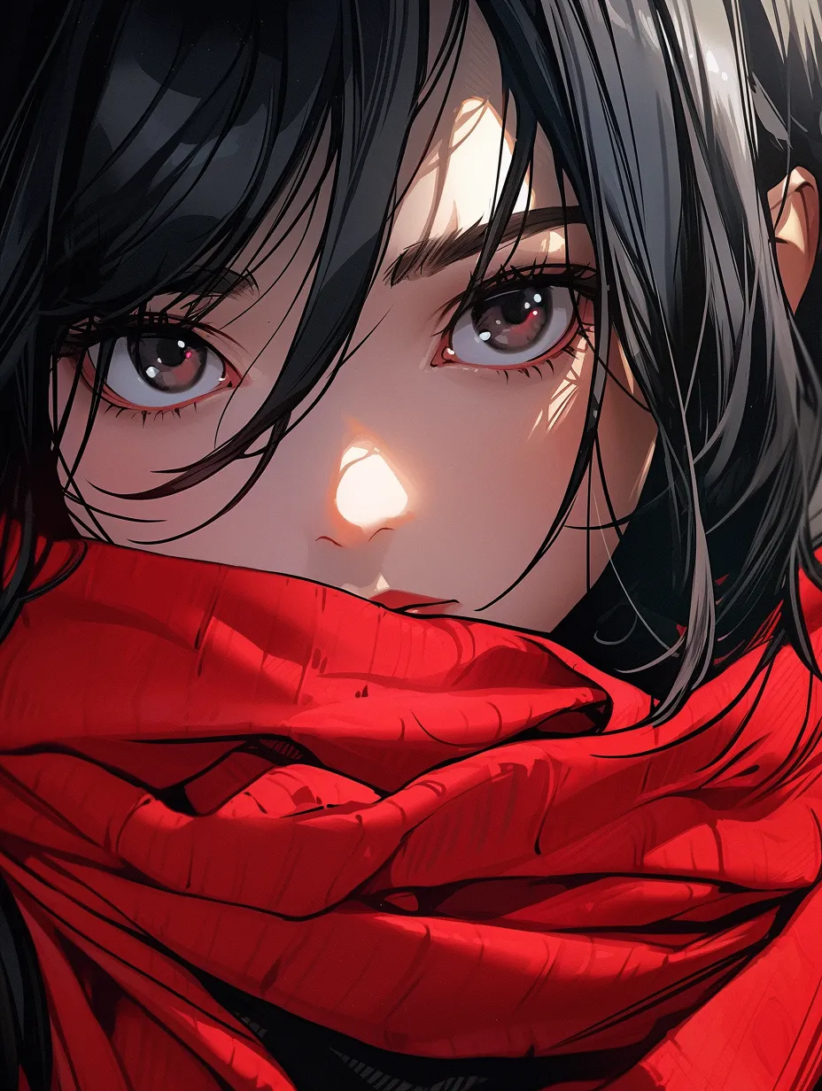 A cartoon-style artistic girl wearing a red scarf, captured in a solo upper body close-up, 16K UHD resolution. The image is rich in detail and features the highest quality, showcasing striking contrasts of light and shadow, an expressive style, and a glossy finish.