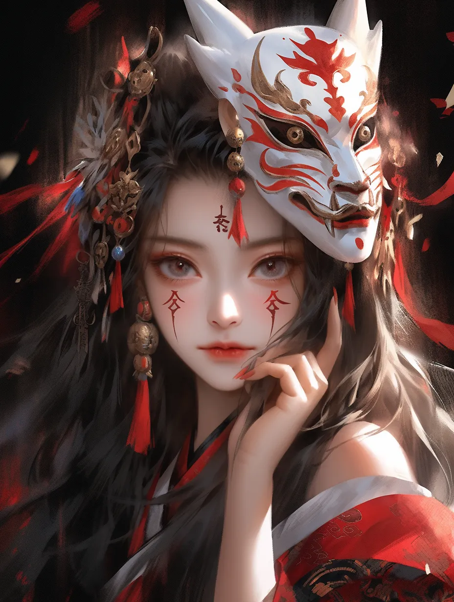 A fox spirit girl with enchanting eyes, exquisite features, and delicate makeup. This upper body portrait, with a close-up focus, embodies the essence of a mythical creature. Inspired by traditional Chinese painting styles and classical color palettes, the piece employs acrylics and oil paints to achieve ultra-fine details and exceptional quality in 16K HD. The artwork showcases a trendy, expressive red aesthetic with a glossy, smooth, and vibrant finish.