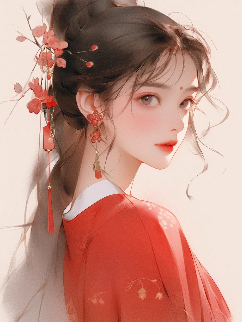 A charming young girl with a round face, rosy cherry lips, exquisite earrings, and delicate makeup adorned with blush and rouge. She embodies the essence of traditional Chinese opera, with intricate brushwork and flat illustrations that reflect the style of the Tang Dynasty and classical Chinese portraiture. The character portrait presents a close-up of her upper body against a simple, minimalist background, highlighting both quality and simplicity.