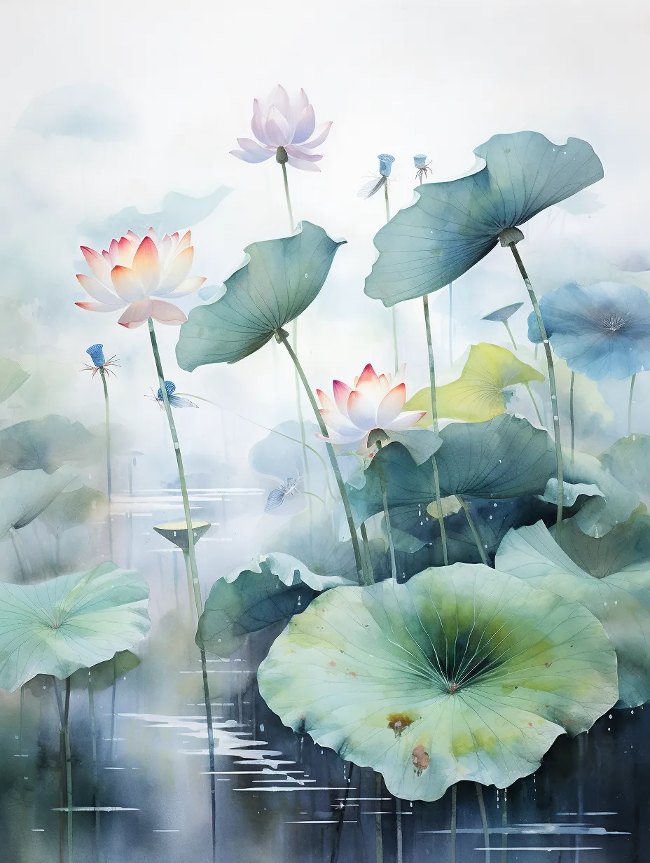 Ink wash painting of lotus flowers in early summer, featuring lotus leaves adorned with dew drops, dragonflies, and blooming lotus blossoms. This high-resolution artwork showcases intricate details in an ink wash style, presenting a close-up view with the highest quality and realistic, complex details.