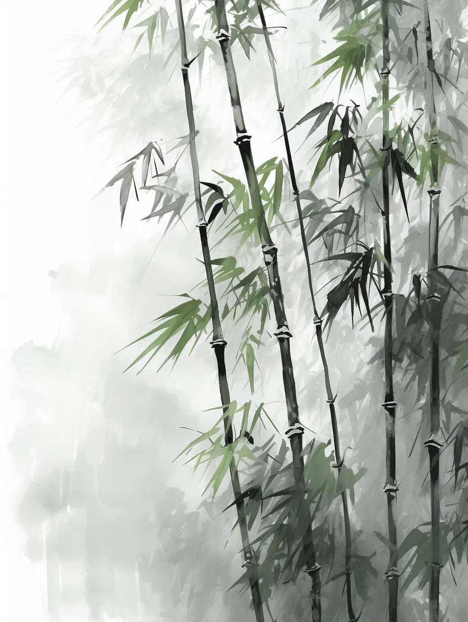 Ink wash bamboo forest, bamboo grove, bamboo, bamboo leaves, rain, ink wash technique, ink, ink wash style, high resolution, detailed, close-up, premium quality, realistic.