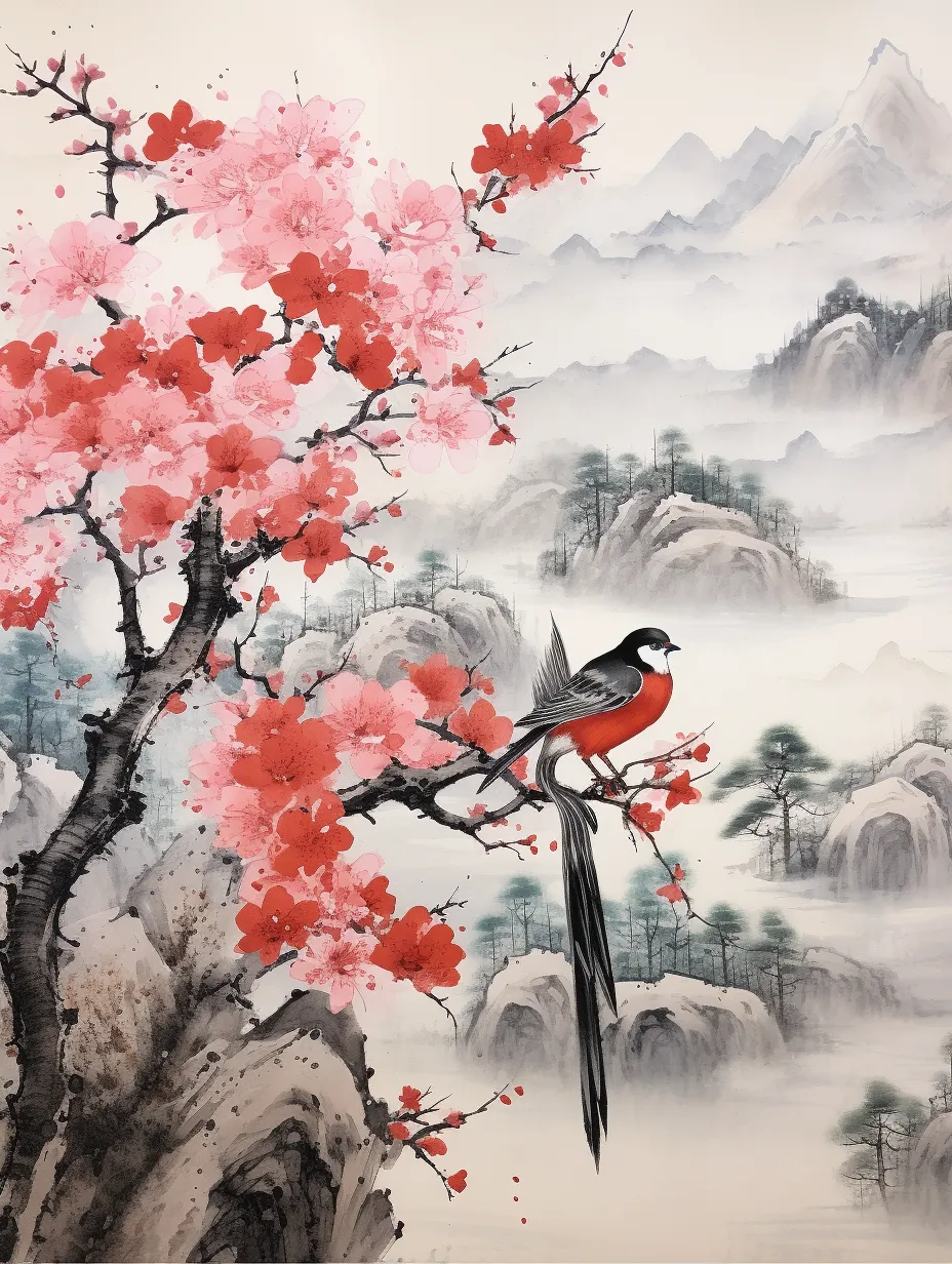 Chinese ink painting by Qi Baishi, a masterwork featuring landscapes, soaring birds, clouds and mist, and ancient architecture. Top quality with rich details in an ink wash style.