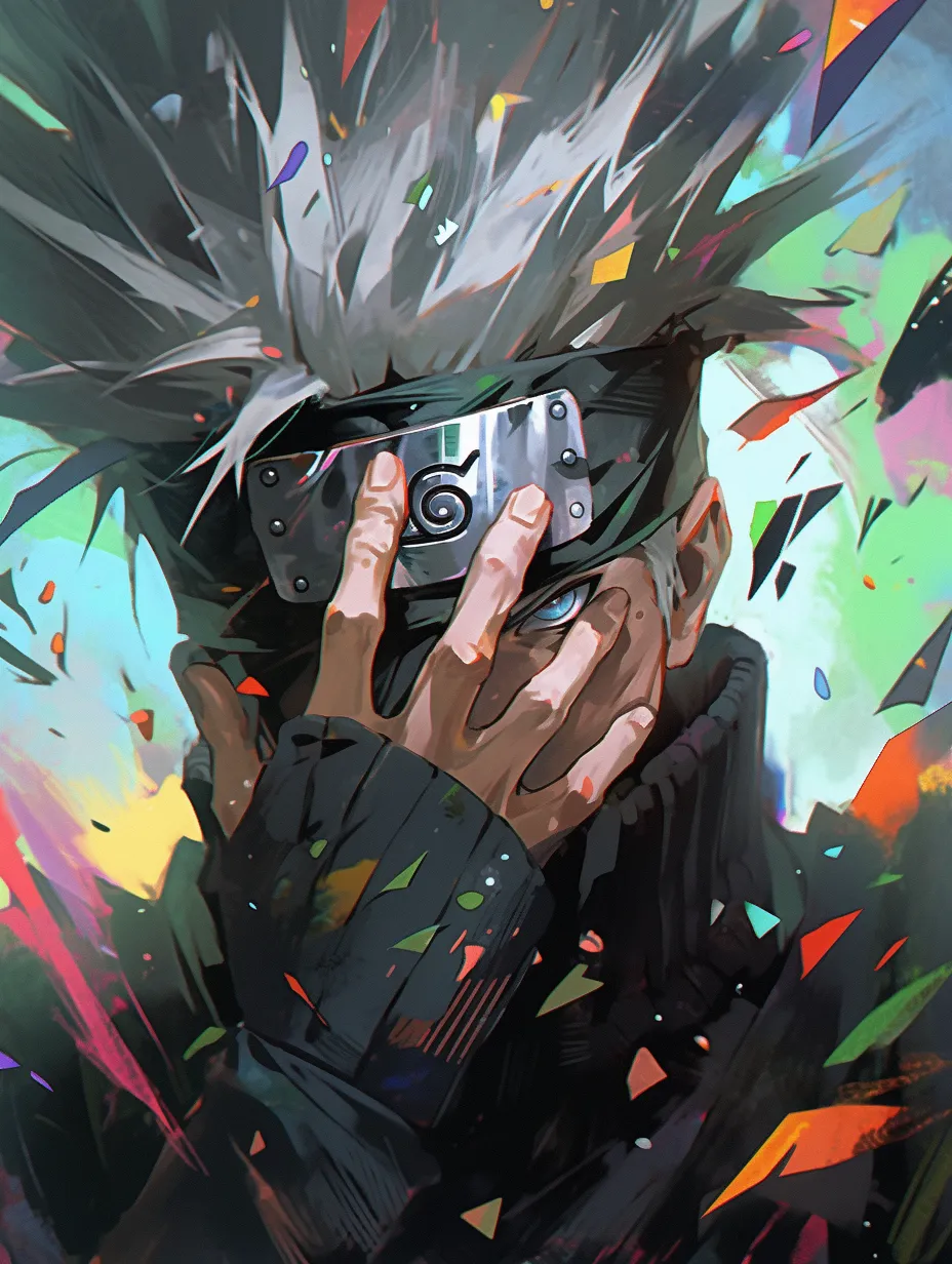 Kakashi Hatake, oil painting with splatter effects, featuring a cyberpunk color palette. The subject is adorned with a black cloth covering the eyes, captured in a close-up portrait of the upper body. This quick sketch showcases a flat illustration style, utilizing bold color gradients with UHD quality. The acrylic painting style highlights vibrant colors and top-notch quality, rich in detail, facing the camera with a glossy finish.