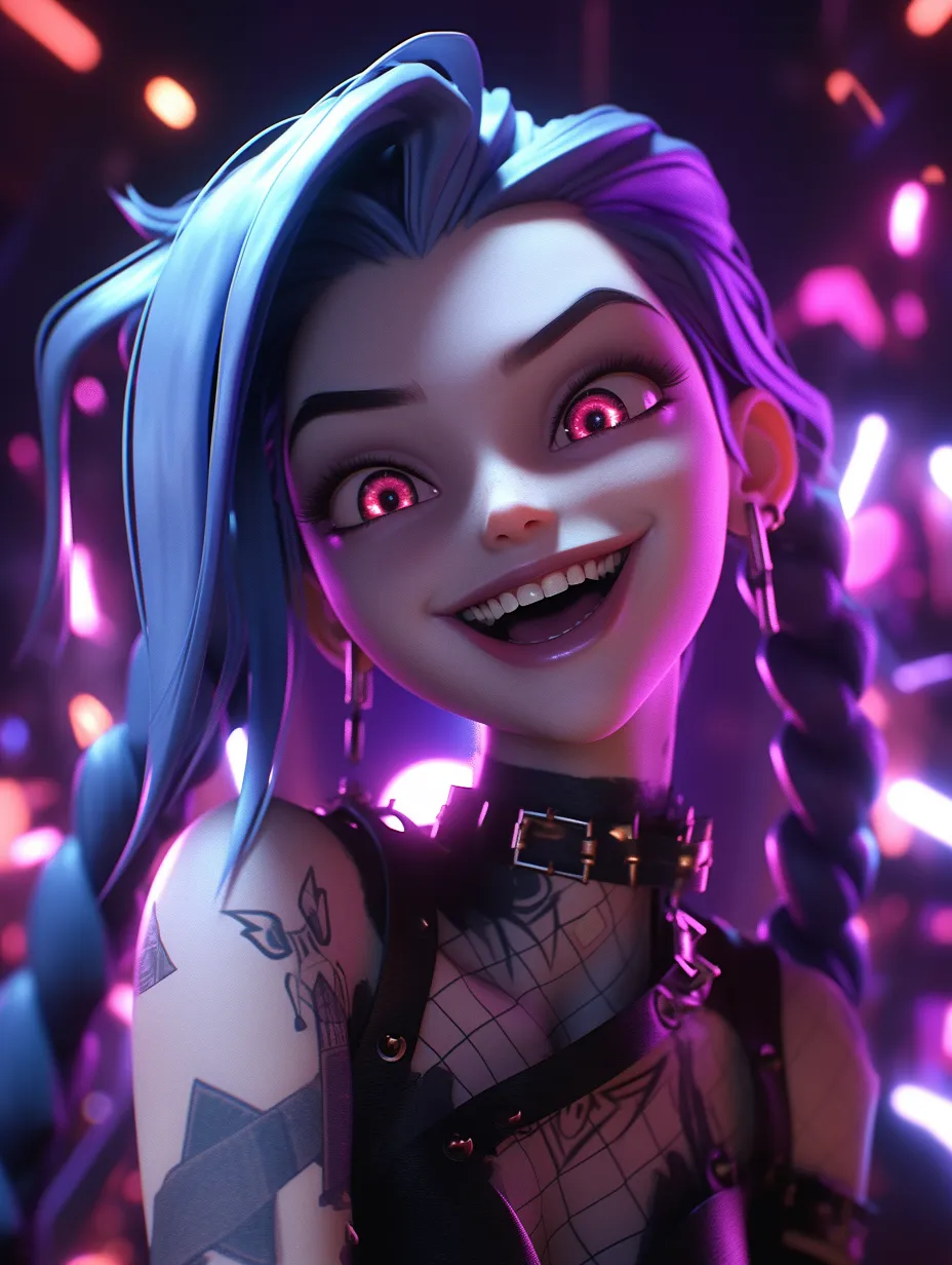 League of Legends' Jinx, featuring an enchanting smile, holographic effects, 3D and 2.5D elements, motion blur, gaming light effects, luminous features, purple aesthetics, cyberpunk style, game screenshot, 3D art, ultra-futurism, intricate details, and high quality.