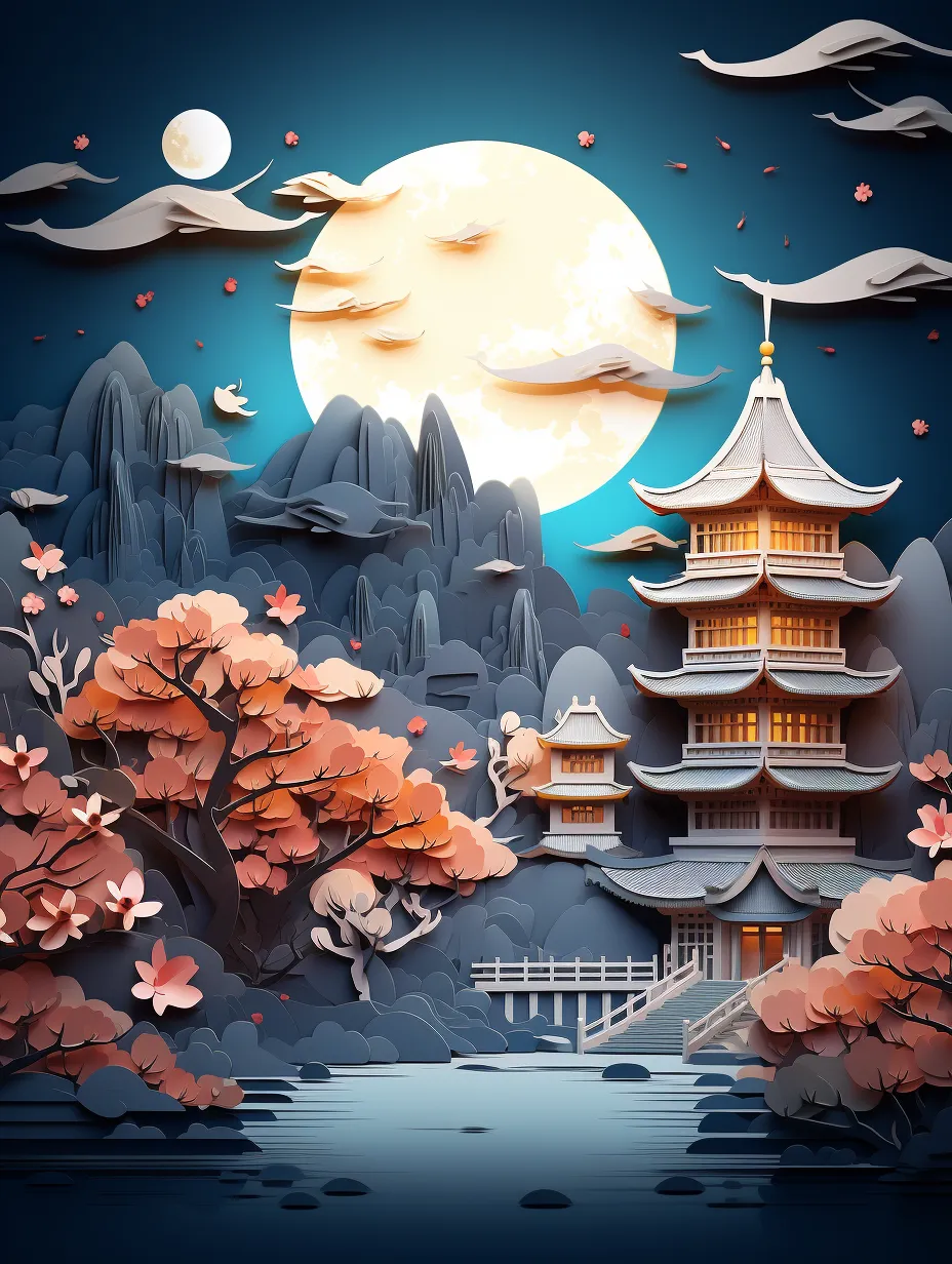 Paper inserter, Chinese paper inserter, Chinese city at night, bright moon, papercut style, 3D, clean background, created by artist Vela Nain, simple illustration, 8K, UHD, highest quality, top image quality, cinematic lighting.