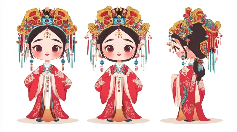 Illustration style, full body, calf, Chinese opera costume, cute face, smile, exquisite facial features, opera costume, red, white background, three views, namely front view, side view, and back view, natural light, 8K, best quality, ultra-fine, character design, 2D graphic superflat, --v 6.1 --ar 16:9