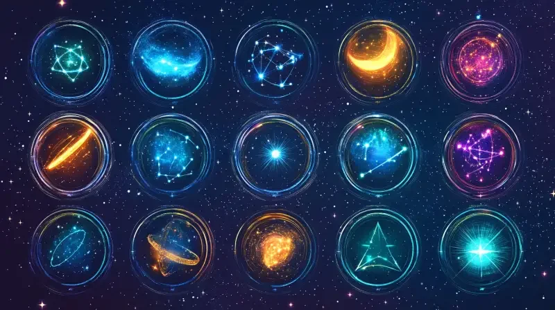 Icon, flat, vector image, containing all 12 constellations on one image, with a background of starry blue and dotted with stars. Each of the 12 constellations on the screen is wrapped in a circle. --v 6.1 --ar 16:9