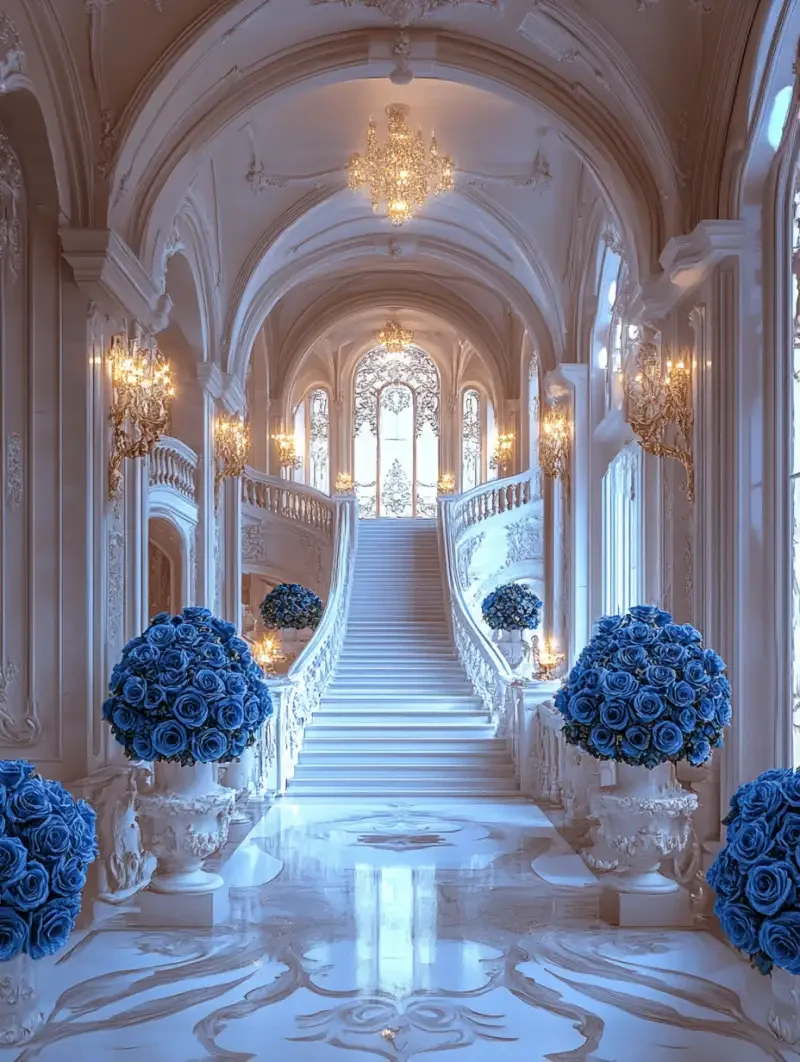 inside a castle with white marble floor, silver details, royal blue roses bouquets, long stairs and large windows, White glowing --v 6.1 --ar 3:4 --s 250