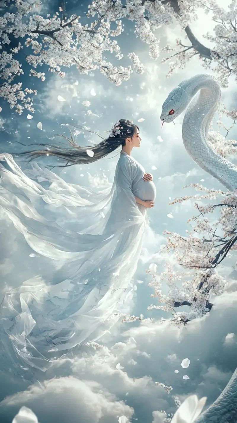 A grand scene, a beautiful pregnant woman dressed in a lightweight white Hanfu, with flowing long hair, standing on a cloud, white plum blossom branches embellishing the composition of the photograph, white petals drifting in the wind, a gigantic adorable white snake with an ethereal aura circling around the beauty, the enormous gentle and cute white snake forming a striking contrast with the tiny figure, warm and cozy, like a fairy from the heavens, the long skirt spread across the clouds, a majestic composition, an artistic work. --v 6.1 --ar 9:16 --style raw