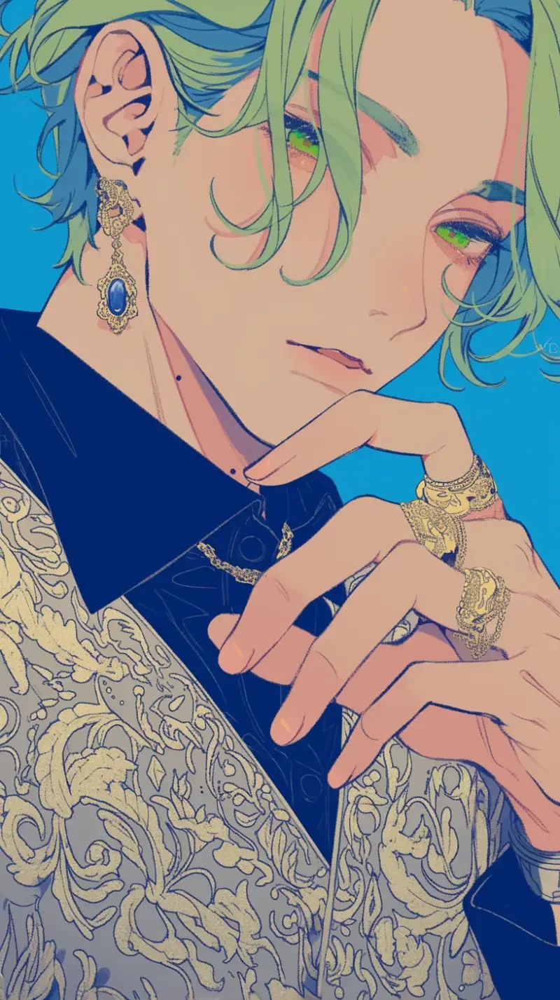 Flat illustration, anime style man, cool and handsome, green hair, hair details, long eyelashes, textured shirt, cufflinks, embroidery, transparent, (artistic conception), silk texture, low contrast, clean and delicate line work, close-up portrait, album cover --niji 6 --ar 9:16 --no female,woman,girl,bead