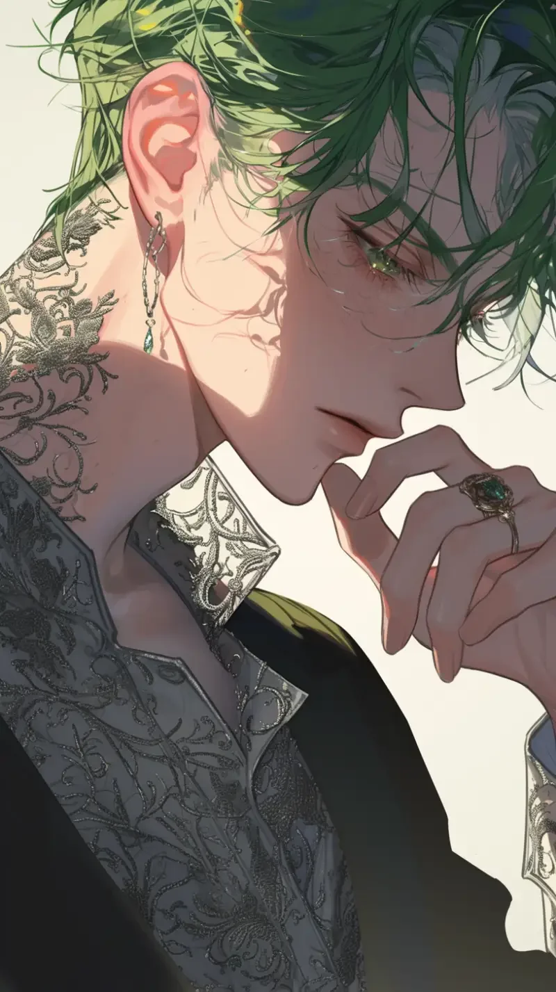 Flat illustration, anime style man, cool and handsome, green hair, hair details, long eyelashes, textured shirt, cufflinks, embroidery, translucent, (artistic conception), silk texture, skin texture, low contrast, clean and delicate line work, close-up portrait, album cover --niji 6 --ar 9:16 --no female,woman,girl,bead