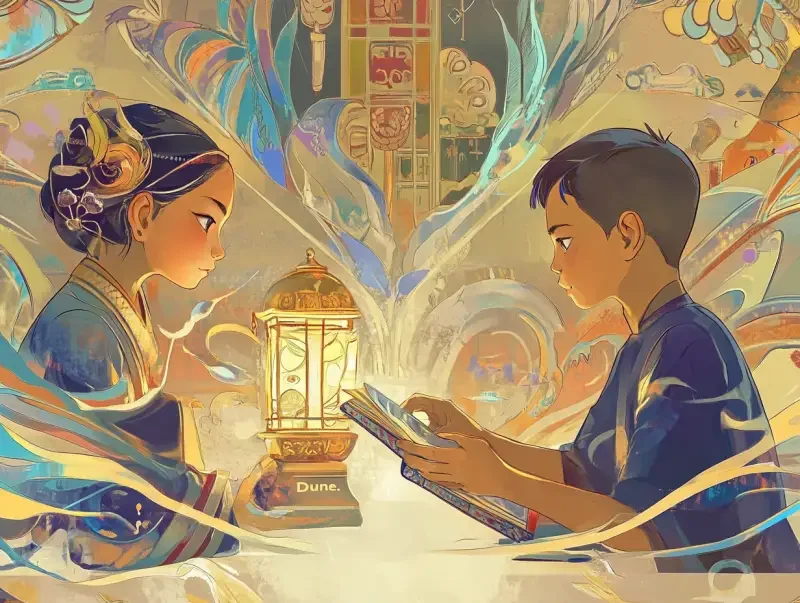 In a warm room, the child on the left is dressed in gorgeous ancient attire, holding a palace lantern that emits a soft glow, creating a mysterious and cozy atmosphere. His eyes reveal contemplation and curiosity, as if telling an ancient story. The child on the right, however, is dressed in modern casual wear, sitting attentively at the table, with the bright light of the desk lamp illuminating the book he is flipping through, surrounded by colorful study supplies scattered around. The two are facing each other, with time and space intertwining, engaging in a dialogue between the past and present. The background wall is adorned with decorative paintings featuring various cultural elements, creating a wonderful communicative atmosphere that highlights the beautiful moment of knowledge transfer and the collision of eras. The style is akin to that of 