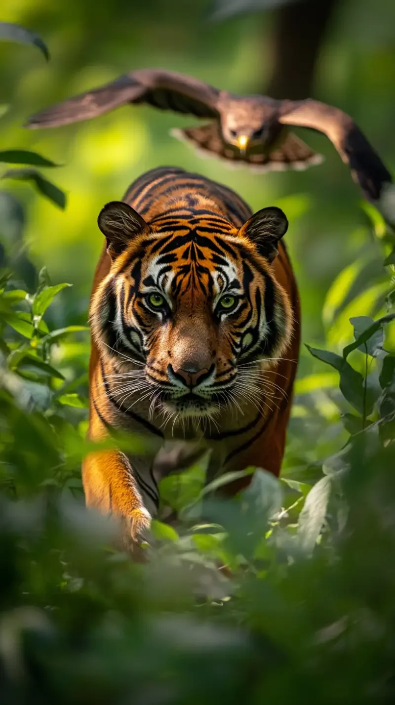 In the shadows of the jungle, a tiger with flame-like stripes moves silently, its gaze sharp as a knife, muscles taut beneath its fur, ready to unleash astonishing power at any moment. Its steps are steady and powerful, each stride revealing the majesty of a king. Its roar is an undisputed command in the forest, its eyes shining with green light, patrolling its territory like a ghost in the darkness. In the sky, a hawk with sharp wings soars, its gaze piercing through the clouds, sharp as a sword. Its movements in the air, each dive a challenge to speed, under the sunlight, its feathers glisten with a golden glow. --v 6.1 --ar 9:16