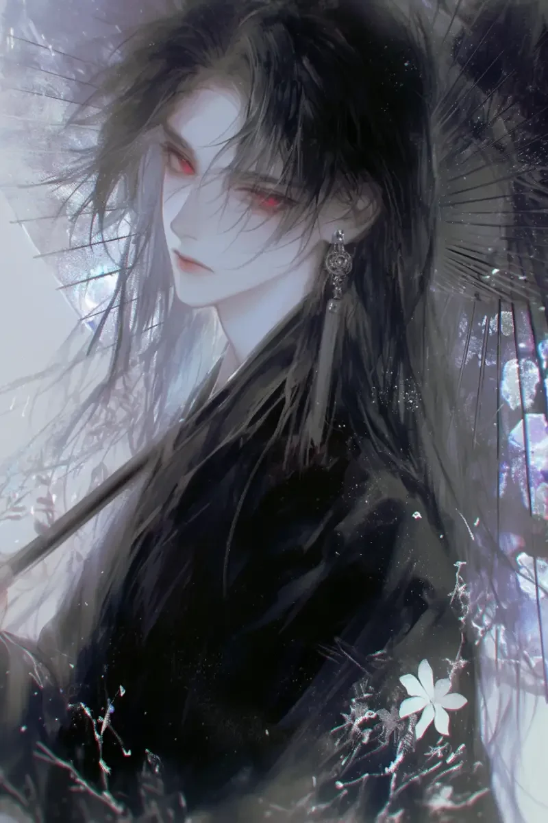 Ancient style, a boy with black long hair and red eyes, cold demeanor, tassel earrings, oiled paper umbrella, wearing black Hanfu, detailed light and shadow, beautiful, soft tones student --sref--niji 6 --ar 2:3 --sw 50 --no girl --s 250