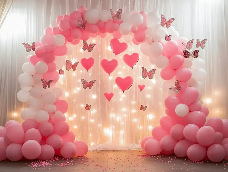 Pink and white balloon arch, butterfly-shaped balloons on the front of it, lots of pink heart-shaped butterflies hanging from above, lots of pink small balls scattered around the floor, pink lights shining behind the wall, white smoke floating in the air, a backdrop for a wedding or party decoration. --v 6.1 --ar 4:3