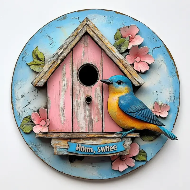 This is a circular aluminum artwork in surrealist style, with a diameter of 20 centimeters. It looks layered and has a strong 3D stereoscopic and artistic feel, giving people the feeling of flying out of the screen. A small pink birdhouse with a rustic weathered texture. The birdhouse has a triangular roof with a small circular window at the top and a single window on the side. The roof is decorated with a decorative star shaped ventilation opening. On the right side of the birdhouse, a vibrant blue bird with a yellow chest sits on a wooden perch, facing the audience. The background color of the plaque is a soft light blue, adorned with several pink flowers and green leaves, adding a touch of natural atmosphere to the scene. Under this bird, you can see a banner with blue and white letters that read 'Home, Sweet Home'. This artwork is a digital creation with 3D effects, using a mixture of vector and raster graphics to highlight details and colors. The style is modern yet somewhat whimsical, emphasizing bold and eye-catching colors. This artwork has a very strong 3D stereoscopic and artistic sense. The background is pure white. --v 6.1 --ar 1:1