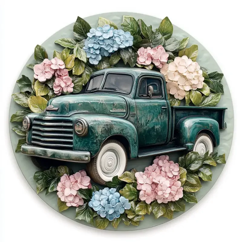 This is a circular aluminum artwork in surrealist style, with a diameter of 20 centimeters. It looks layered and has a strong 3D stereoscopic and artistic feel, giving people the feeling of flying out of the screen. An old-fashioned green pickup truck surrounded by lush colorful flowers. The truck, with its classic design and weathered finish, is positioned in the center of a circular plaque. The cab and chassis of the truck are designed with realistic textures, including chrome bumpers and worn paint on the body. The wheels are white and the rims are black, adding a nostalgic feeling. These flowers are arranged in a circular wreath around the truck, a vibrant combination of pink, blue, and white hydrangeas, with large and fluffy petals and green leaves. The leaves are carefully carved to present realistic textures and varying shades of green. The background of the plaque is a solid, soft green, creating a beautiful contrast with the bright colors of flowers and the soft tones of the pickup truck. This artwork is a digital creation with 3D effects, using a mixture of vector and raster graphics to highlight details and colors. The style is modern yet somewhat whimsical, emphasizing bold and eye-catching colors. This artwork has a very strong 3D stereoscopic and artistic sense. The background is pure white. --v 6.1 --ar 1:1