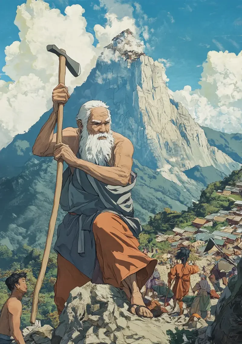 In the picture, the Foolish Old Man and his descendants are holding rudimentary tools, such as axes, chisels, and sticks, diligently digging at two towering mountains. Their faces are filled with determination, sweat trickling down their cheeks, but their eyes reveal an indomitable resolve. The background can be rolling mountains, along with distant villages and farmlands, symbolizing the spirit of the Foolish Old Man's family in bravely moving forward to change their fate without fear of difficulties. Classic scene, delicate skin texture, anime style, 8K, national style. --v 6.1 --ar 99:140 --style raw