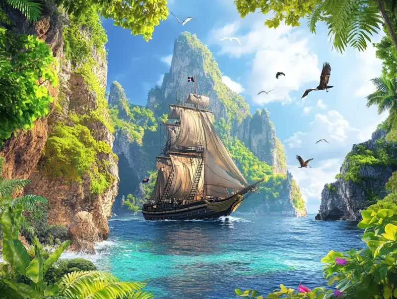 A beautiful pirate ship is sailing on the blue sea, surrounded by lush greenery and exotic birds flying in the sky above. In front of it lies an island with towering cliffs covered in vibrant tropical plants and trees, creating a picturesque scene for adventure and exploration. The colors are bright and vivid, capturing the essence of fantasy and mystery. --v 6.1 --ar 4:3