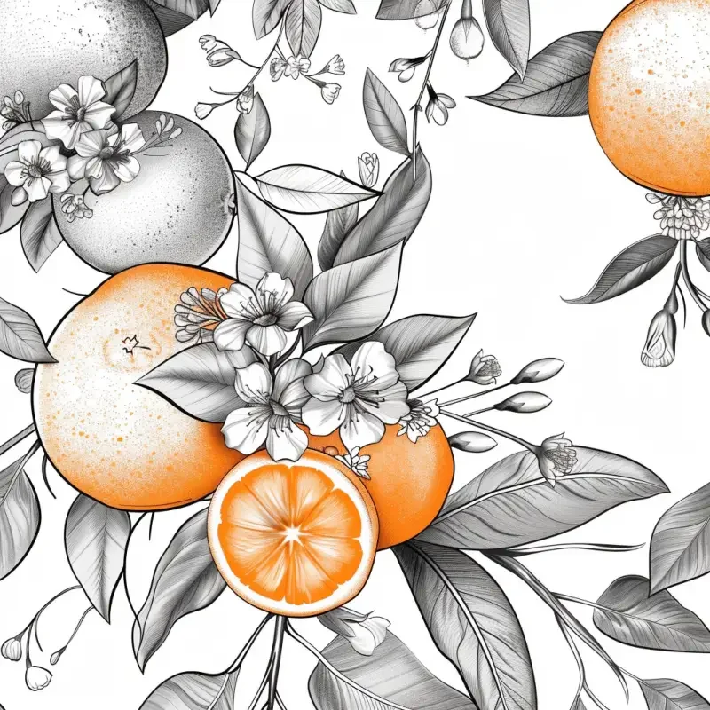 A hand drawn sketch of an orange, incorporating elements such as oranges, cut surfaces, leaves, branches, flowers, etc. Convert the image into a black and white sketch, removing all colors and retaining only the black lines without any intermediate or white lines --cref--v 6.0 --ar 1:1 --cw 100