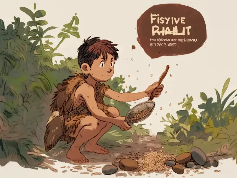 A primitive child wearing rudimentary animal skin clothing is squatting on the ground, carefully screening grains with both hands, with a rudimentary sieve next to it. The sieve contains primitive grains mixed with stones and grass shavings. The expression is focused and serious, accompanied by a text bubble next to it: 