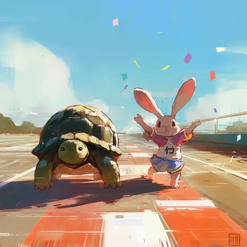 The little turtle and the little rabbit sprinted across the finish line at the same time. --niji 6 --ar 1:1