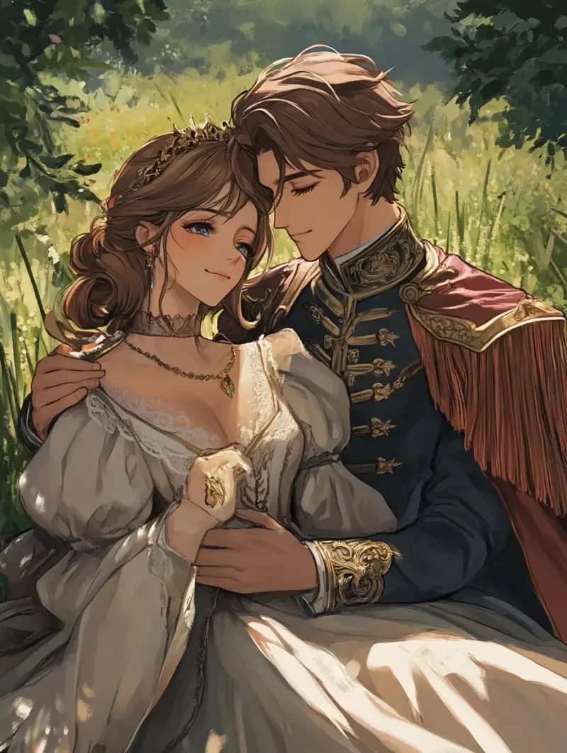 On the lush grassland, a handsome prince and a beautiful princess. Semi-realistic anime style, --cref--v 6.1 --ar 3:4 --cw 80