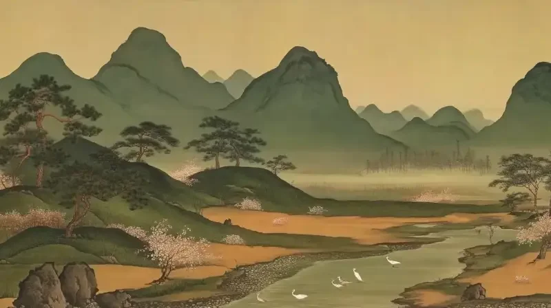 A magnificent ancient Chinese landscape painting showcases towering green mountains and winding streams, with distant peaks appearing hazy in the morning mist, resembling an ethereal fairyland. Verdant pine trees intertwine with rugged rocks, while the stream sparkles with silver light under the sun, gently flowing down through the murmuring pebble beach, creating a melodious sound of water. The blooming peach blossoms on the riverbank complement the picturesque spring scenery, as several white egrets dance gracefully, adding vitality and liveliness. The entire scene is permeated with a tranquil and transcendent atmosphere, as if time stands still at this moment, conveying profound cultural depth and the harmonious beauty of nature. --sref--v 6.1 --ar 16:9 --sw 122 --no person