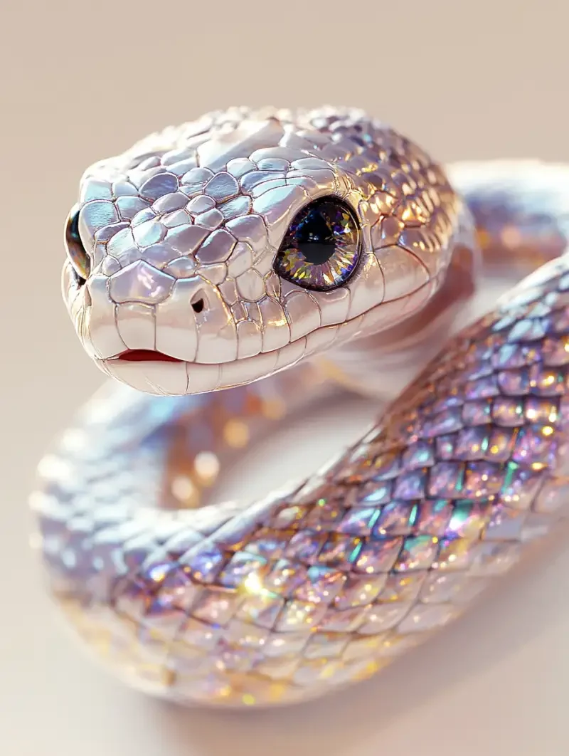 A super cute little snake with diamond scales and a light background, creating a cute expression that is retro futuristic and realistic. If the expression is even cuter, the diamond should shine brightly, like Bulgari diamonds, it should be colorful, festive, and the scales should be more obvious. The little snake smiles very openly --v 6.1 --ar 3:4