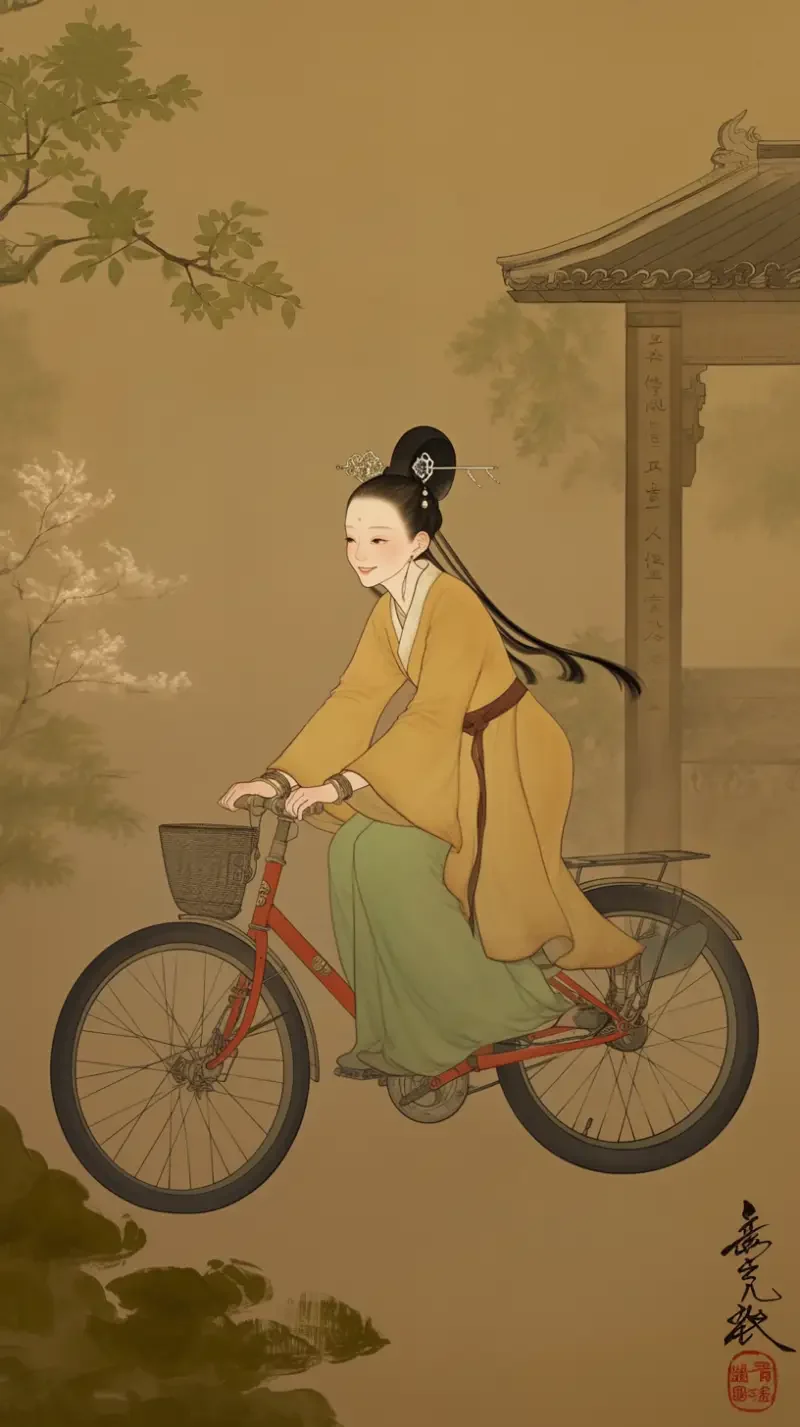 In China's Tang Dynasty, an ancient woman is riding a shared bicycle, wearing clothing from the Tang Dynasty, with jewelry on her head, featuring traditional Chinese painting style and meticulous brushwork. She is in the center of the picture. Dressed in Hanfu, with a hairpin on her head. High definition quality, extremely rich details, full-body shot, centered composition, filled with a happy smile. --sref--niji 6 --sw 122 --no p --s 91 --ar 9:16