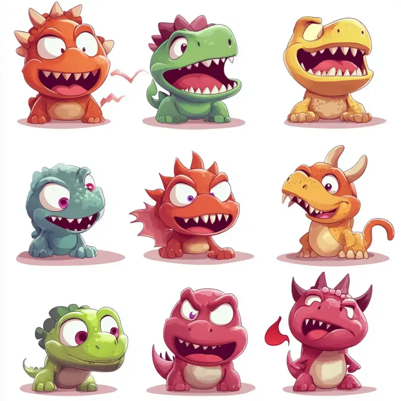 Cartoon emoticons of little dinosaurs, showing joy, anger, sadness, and happiness --v 6.1 --ar 1:1