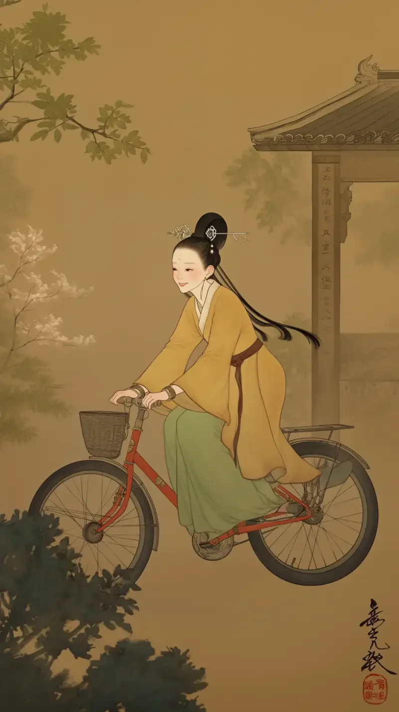 In China's Tang Dynasty, an ancient woman is riding a shared bicycle, wearing clothing from the Tang Dynasty, with jewelry on her head, featuring traditional Chinese painting style and meticulous brushwork. She is in the center of the picture. Dressed in Hanfu, with a hairpin on her head. High definition quality, extremely rich details, full-body shot, centered composition, filled with a happy smile. --sref--niji 6 --ar 9:16 --sw 122 --no p --s 91