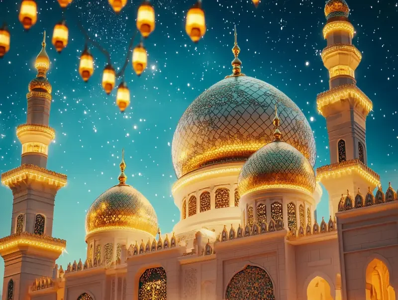 A mosque adorned with golden domes and lanterns, surrounded by stars at night, creating an atmosphere of Ramadan celebration. The background is a sky blue color, adding to the overall ambiance. In sharp focus, there's a close-up shot capturing the detailed architecture of multiple minarets and spires. This scene captures the beauty and cultural significance of Islamic celebrations in the style of Dickie Wileman. --v 6.1 --ar 4:3