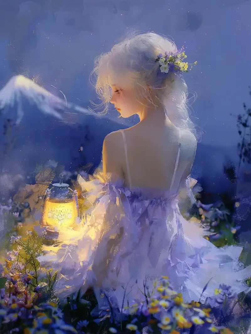 An 18-year-old white-haired girl wearing a French classical backless dress, looking at the horizon. In the evening, she sat on grass covered in flowers, with a lantern beside her and a snow-capped mountain in the distance illuminated by the sunset --sref--v 6.0 --ar 3:4 --sw 181 --no man --s 367