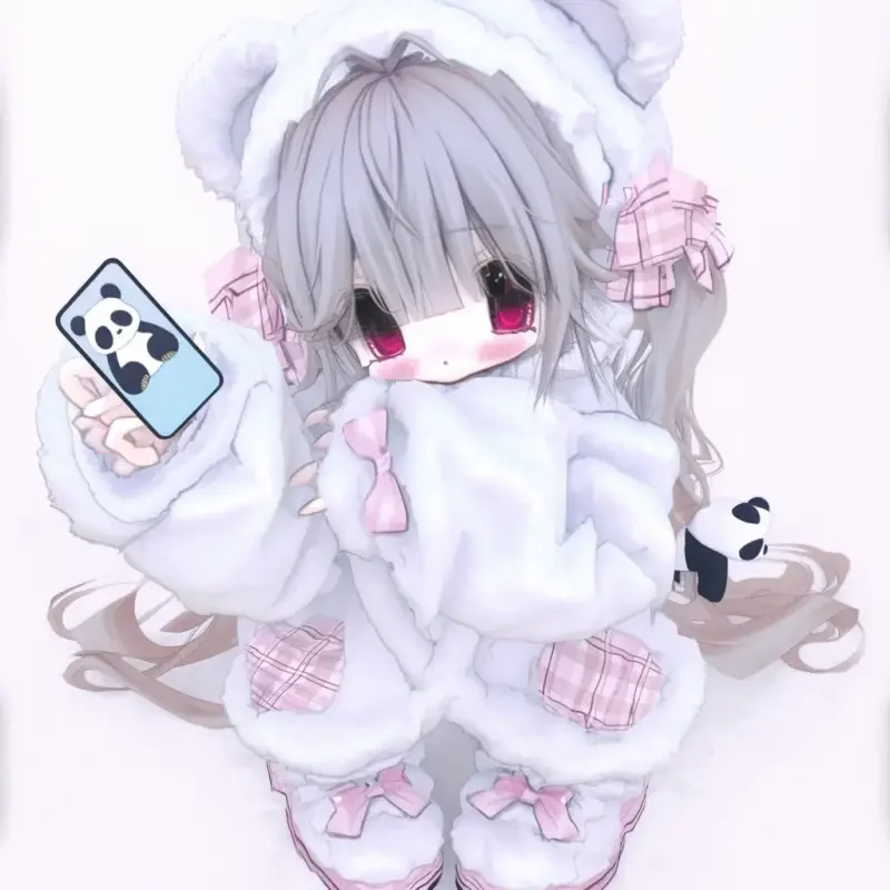 Three-dimensional modeling feeling, modeling style, three-dimensional, CG game style, modeling, CG modeling, a girl wearing a white furry teddy bear costume, in a selfie studio, white plush winter shoes, holding an iPhone for a selfie, pure white background, standing, inward-canted feet, acting cute, top-down perspective, ears sticking out, hugging a small panda toy. --sref--cref--niji 6 --ar 1:1 --style raw --cw 27 --no Bow, --s 200